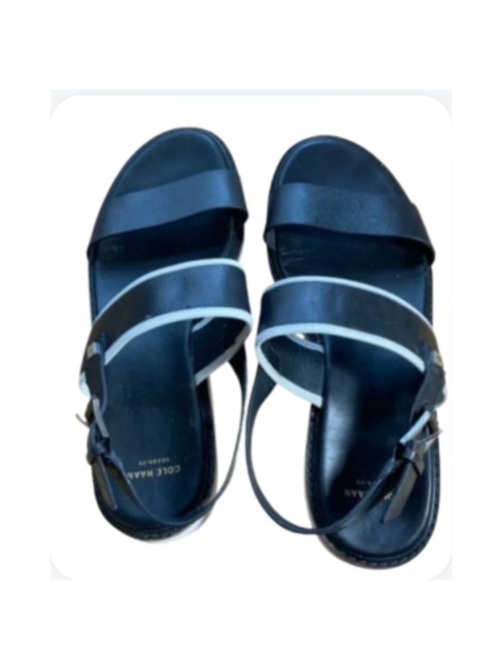 Cole Haan Black Leather Two Band Slingback Flat Sandals Contrast White Trim, 8.5